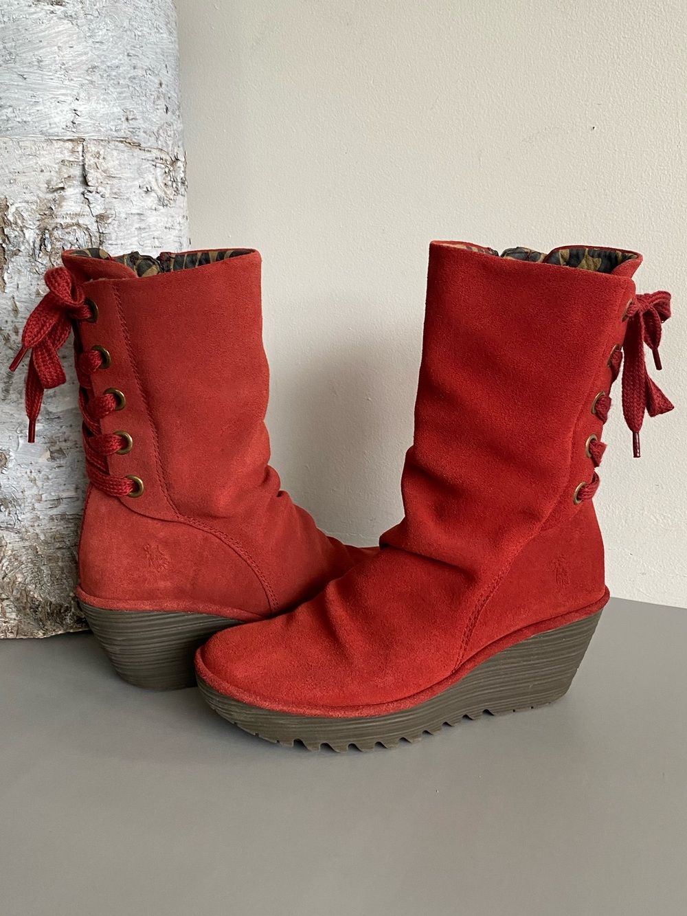 Fly London Yada Red Suede Wedge Mid Calf Boots Lace Up Back Sz 39/ 8.5